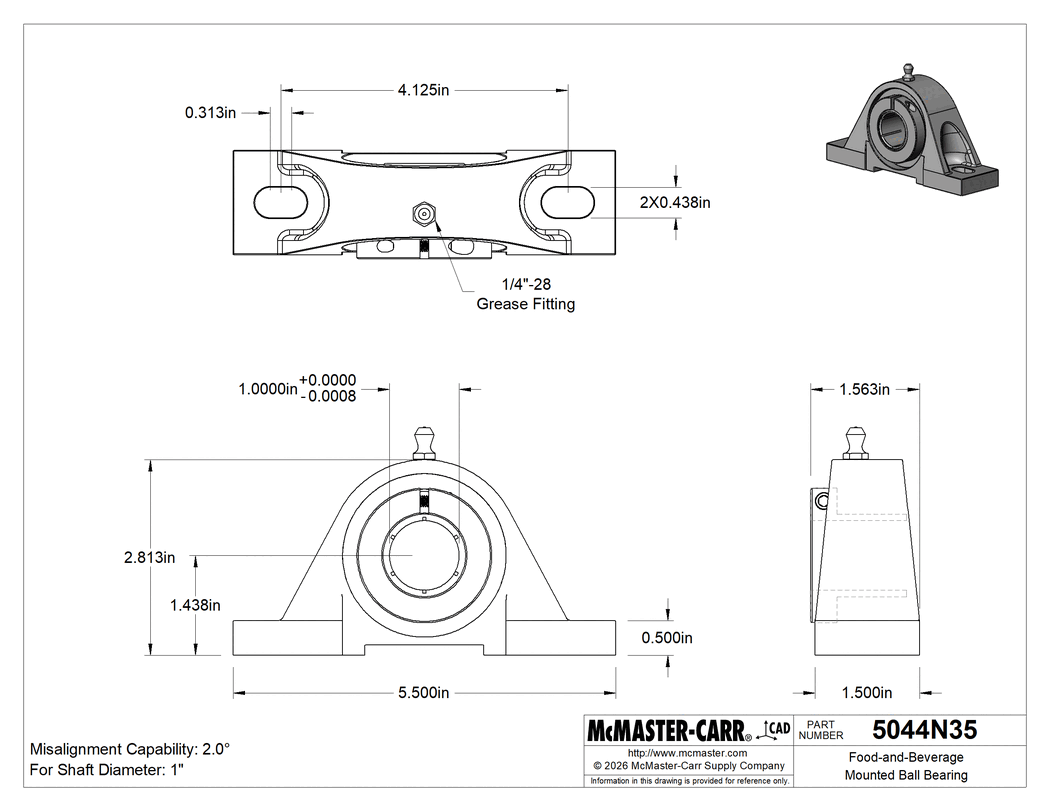 Technical Drawing of Food-and-Beverage Mounted Ball Bearing, 316 Stainless Steel Housing, Clamp on, for 1" Shaft Diameter.